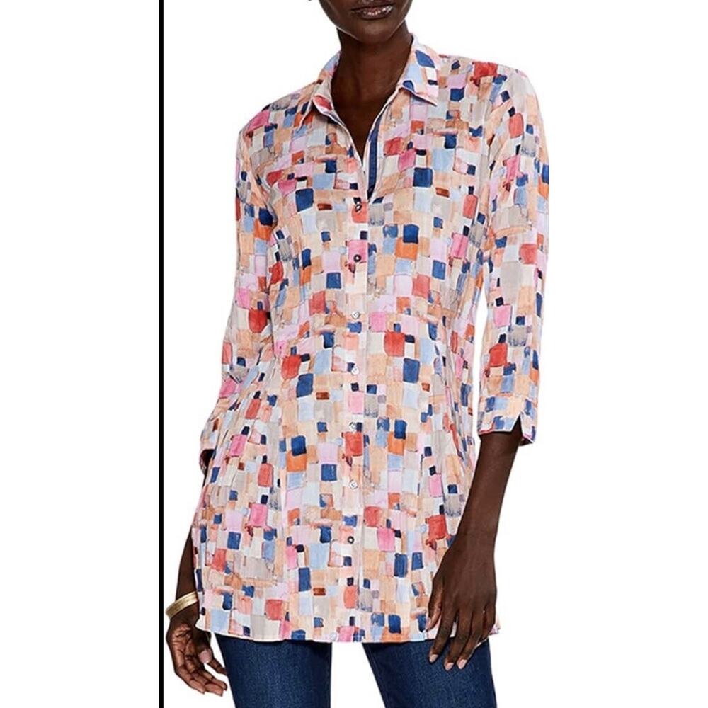 NIC+ZOE Womens Top Small Geometric Printed Crinkle Button Front Long‎ Tunic Pink